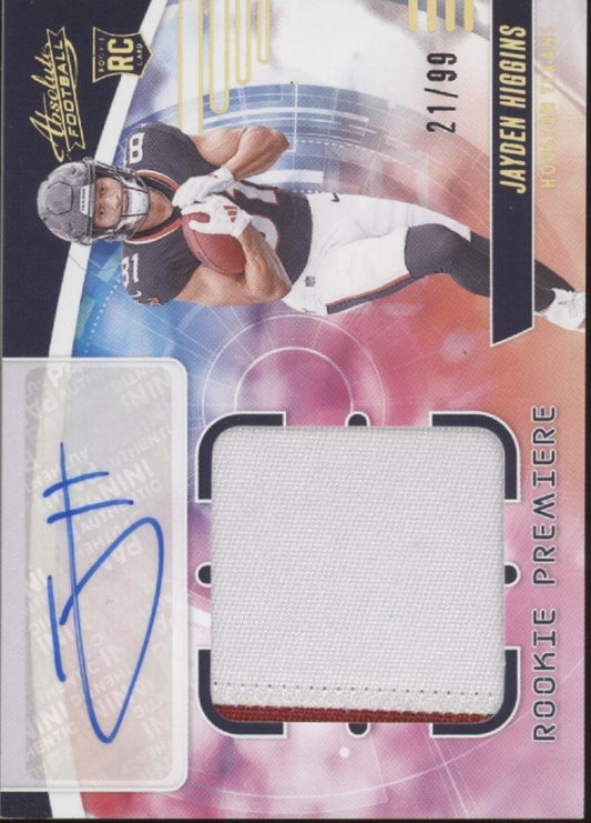 Jayden Higgins 2025 Panini Absolute Rookie Premiere Swatch RC Auto 21/99