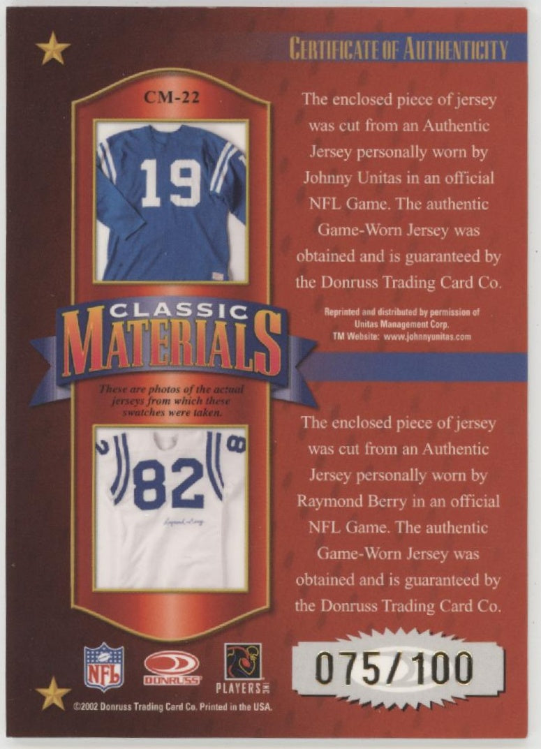 Johnny Unitas / Raymond Berry 2002 Donruss Classics Material Swatch 075/100