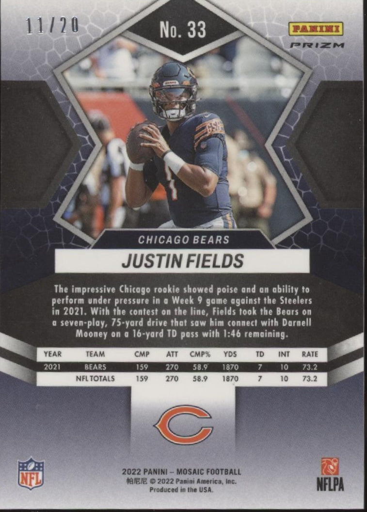 Justin Fields 2022 Panini Mosaic Pink No Huddle Prizm 11/20 #33