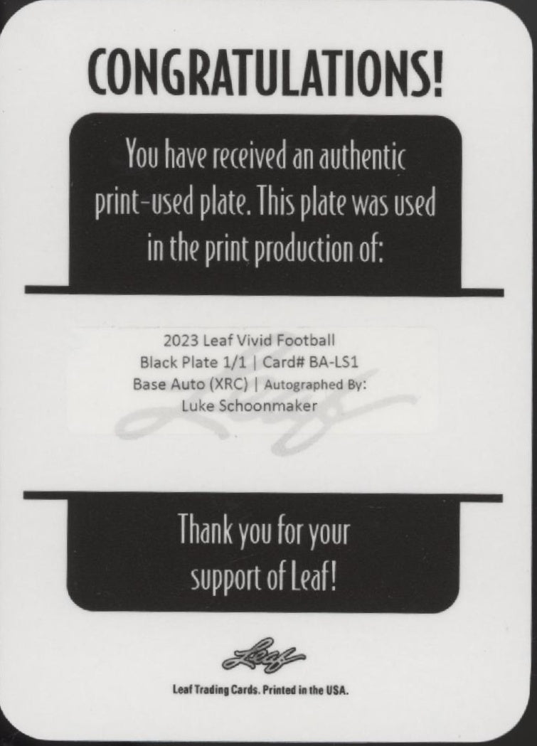 Luke Schoonmaker 2023 Leaf Vivid Black Printing Plate RC Auto 1/1 #BA-LS1