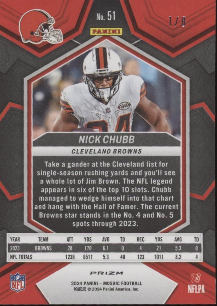 Nick Chubb 2024 Panini Mosaic Green Sparkle Prizm 1/8 #51