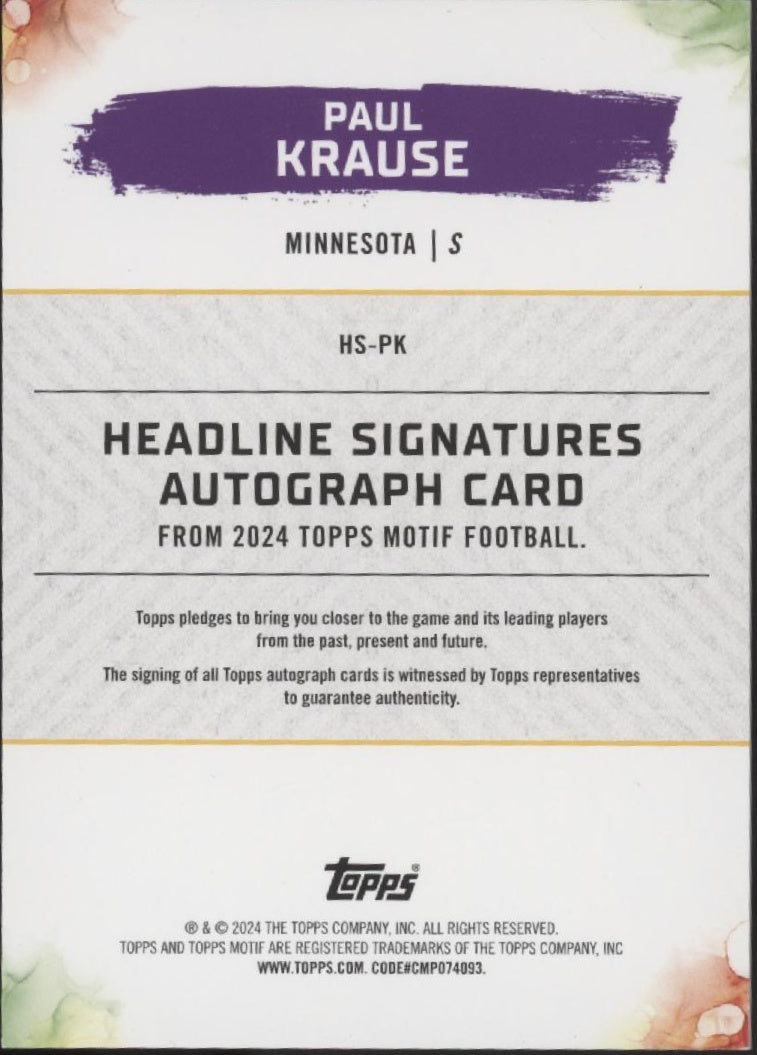 Paul Krause 2024 Topps Motif Headline Signatures Blue Auto 07/20 #HS-PK