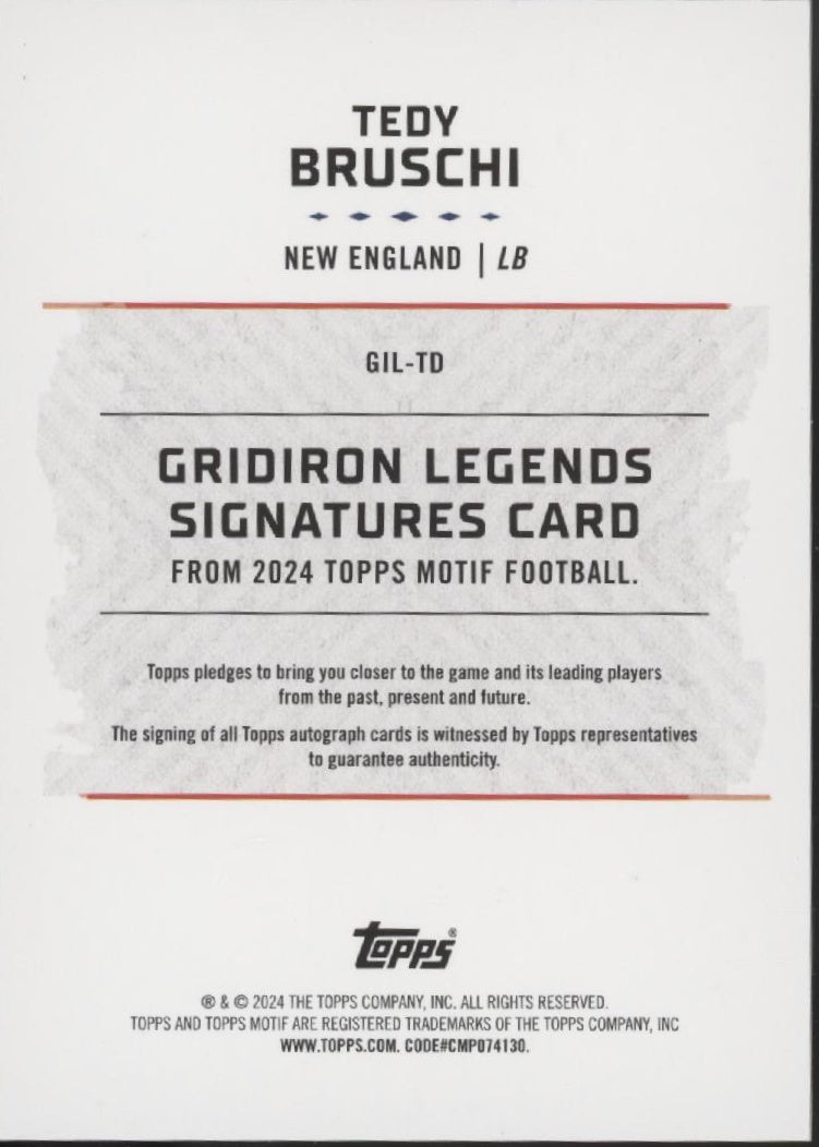 Tedy Bruschi 2024 Topps Motif Gridiron Legends Blue Auto 08/15 #GIL-TD