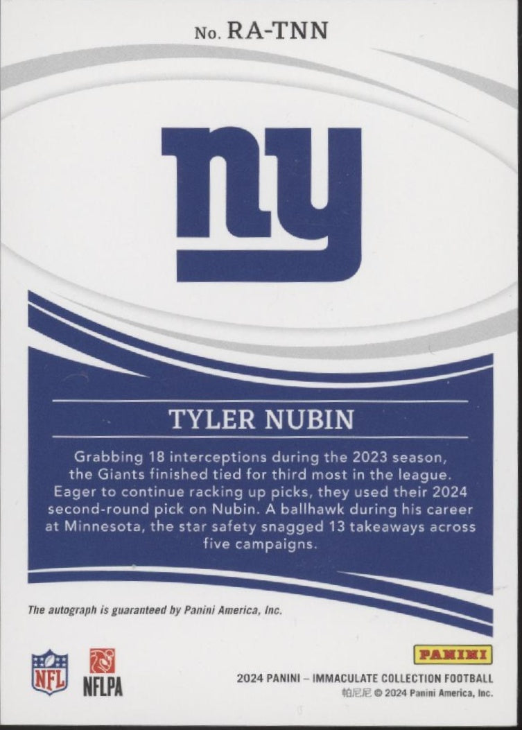 Tyler Nubin 2024 Panini Immaculate Collection RC Auto 08/49 #RA-TNN