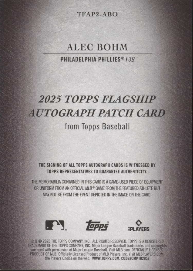 Alec Bohm 2025 Topps Flagship Swatch Auto 22/50 #TFAP2-ABO