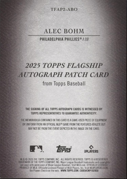 Alec Bohm 2025 Topps Flagship Swatch Auto 22/50 #TFAP2-ABO