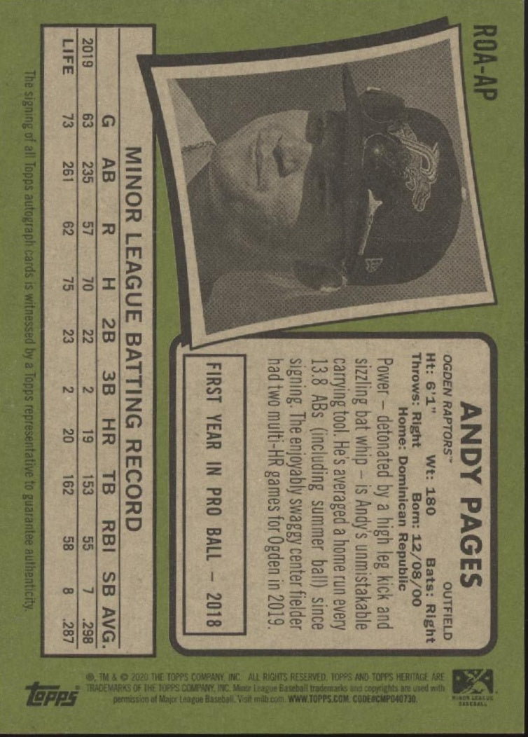 Andy Pages 2020 Topps Heritage Black Auto #ROA-AP