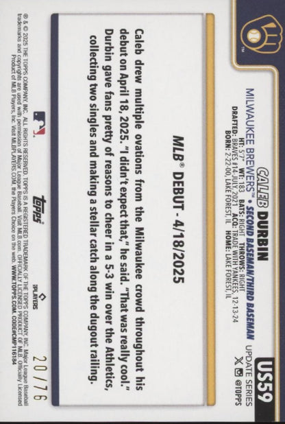 Caleb Durbin 2025 Topps Update Series Independence Day RC 20/76 #US59