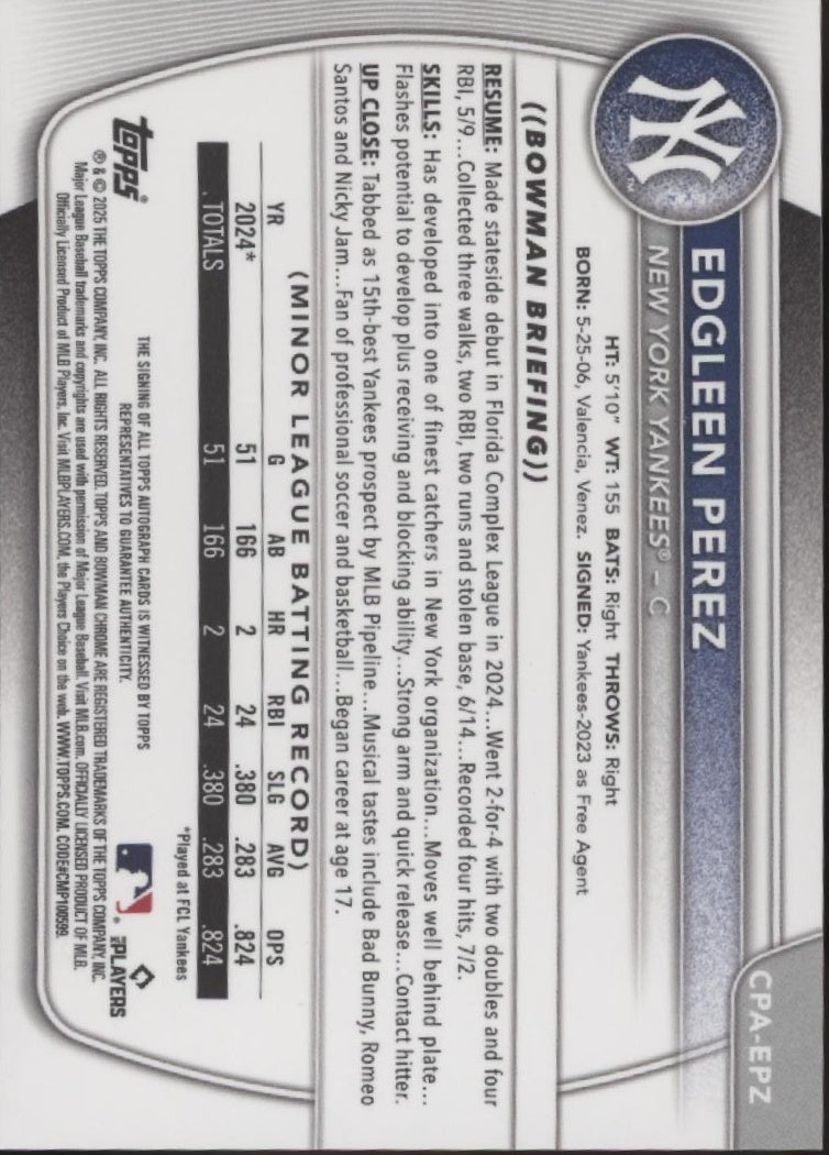Edgleen Perez 2025 Bowman Chrome Prospects Blue Xfactor Refractor Auto 052/150