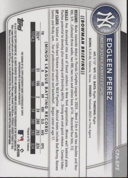 Edgleen Perez 2025 Bowman Chrome Prospects Blue Xfactor Refractor Auto 052/150