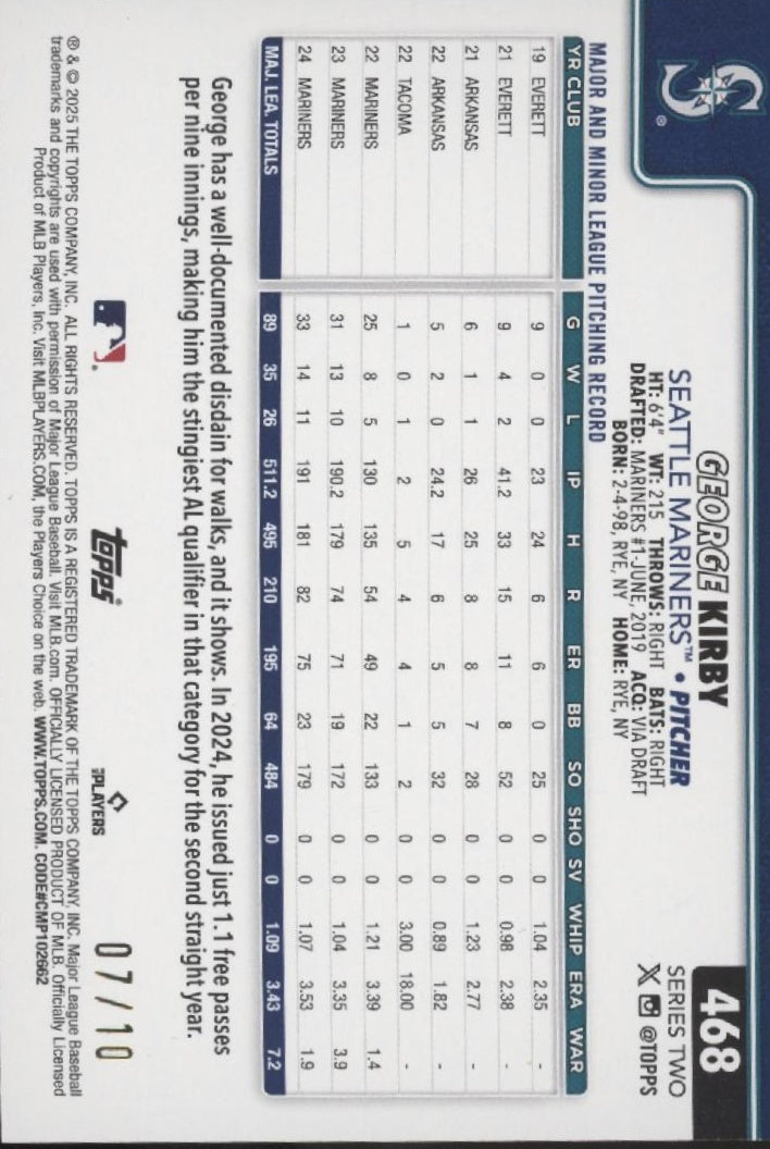 George Kirby 2025 Topps Series 2 Black Diamante Foil 07/10 #468