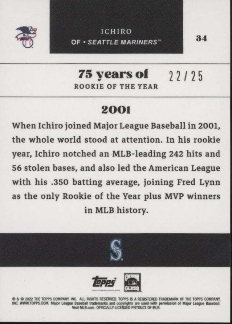 Ichiro Suzuki 2002 Topps 75 Years of Rookie of the Year 22/25 #34