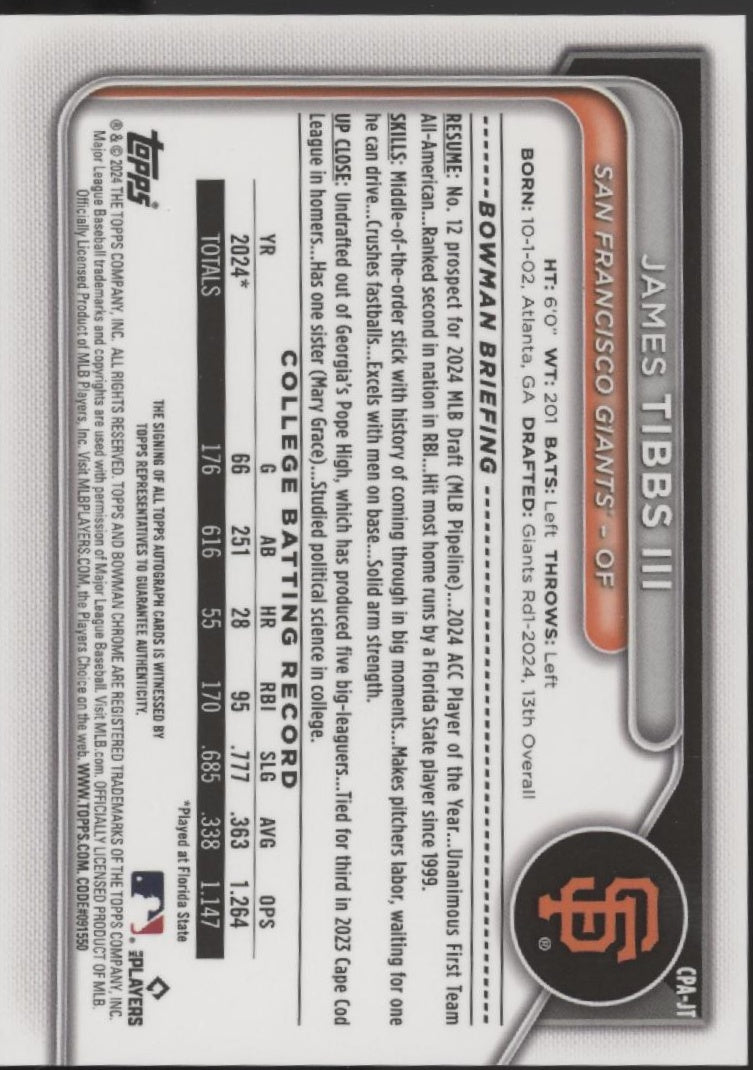 James Tibbs III 2024 Bowman Chrome Auto #CPA-JT