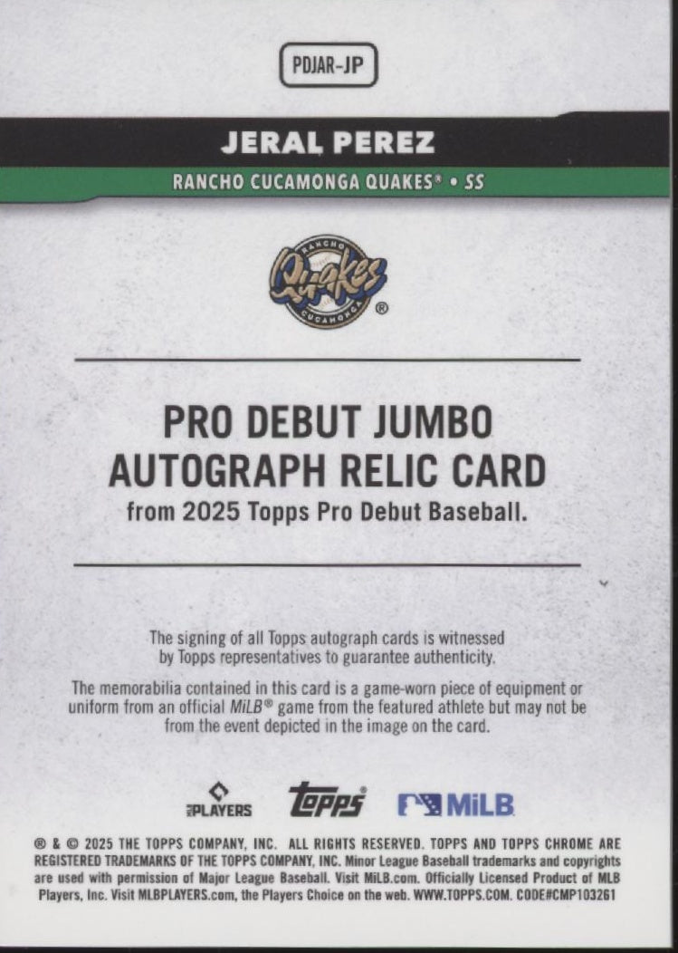 Jeral Perez 2025 Topps Chrome Pro Debut Blue Refractor Swatch Auto 101/150