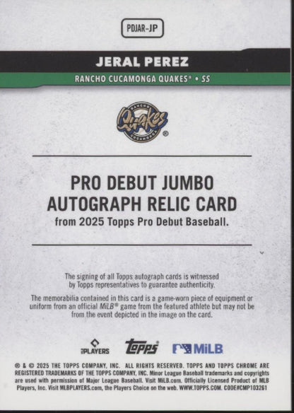 Jeral Perez 2025 Topps Chrome Pro Debut Blue Refractor Swatch Auto 101/150
