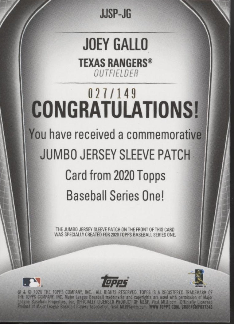 Joey Gallo 2020 Topps Series 1 Swatch #JJSP-JG