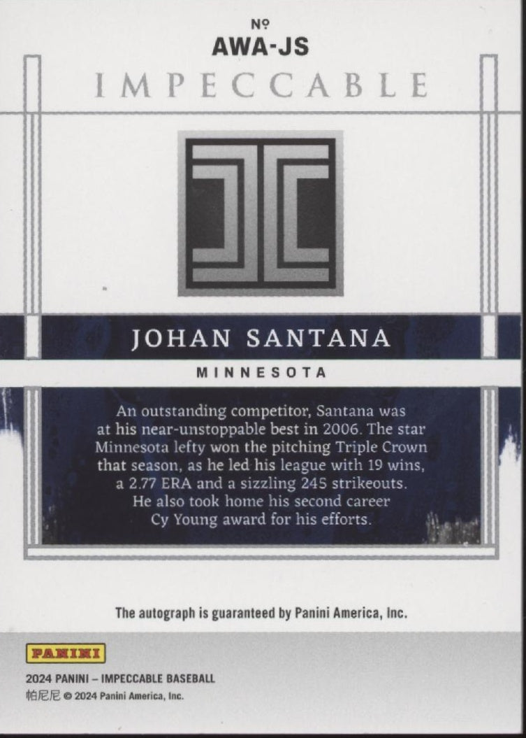 Johan Santana 2024 Panini Impeccable Award Winning Auto 08/10 #AWA-JS