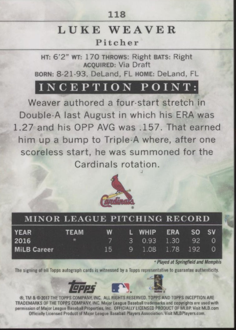 Luke Weaver 2017 Topps Inception RC Auto 163/249 #118