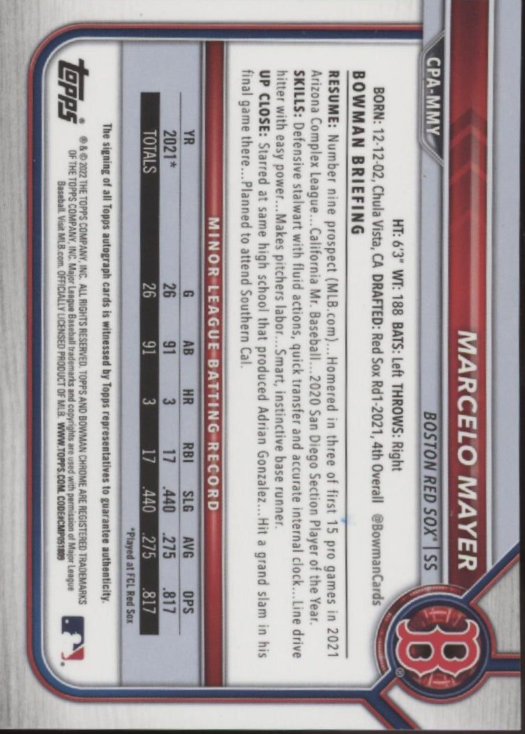 Marcelo Mayer 2022 Bowman Chrome Prospects Blue Refractor Auto 017/150 #CPA-MMY