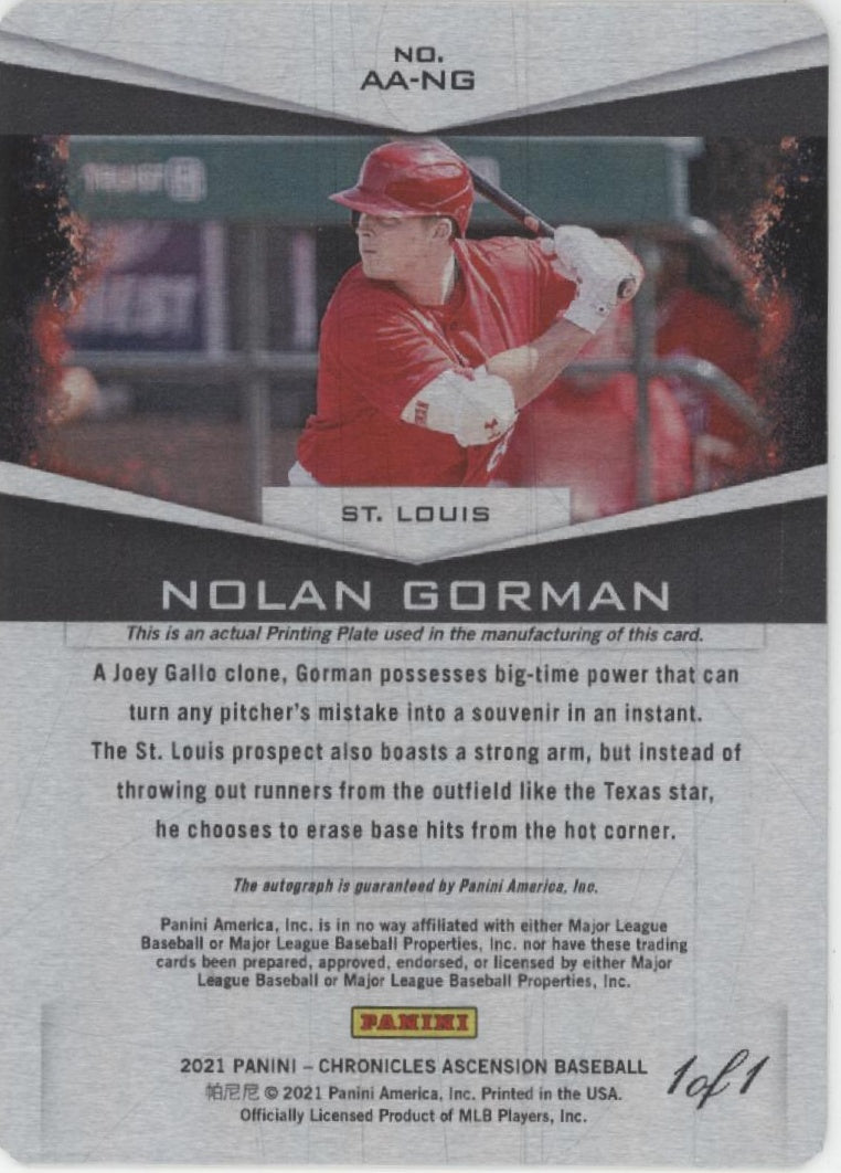 Nolan Gorman 2021 Panini Chronicles Ascension Green Printing Plate Auto 1/1