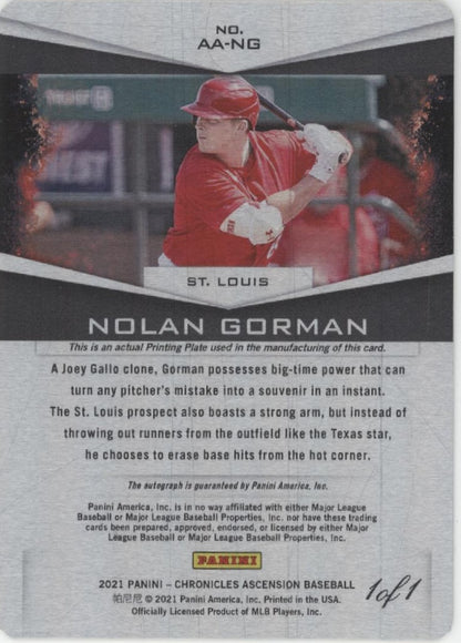 Nolan Gorman 2021 Panini Chronicles Ascension Green Printing Plate Auto 1/1