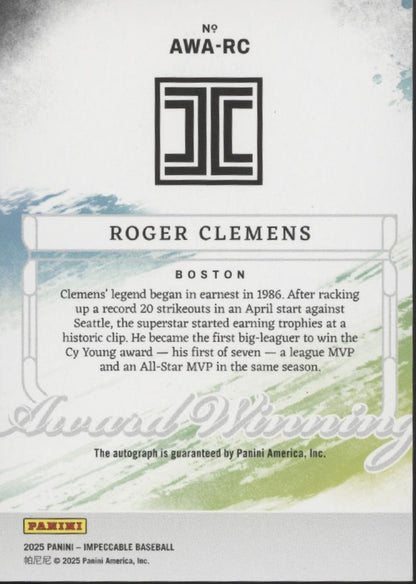 Roger Clemens 2025 Panini Impeccable Award Winning Auto 18/25 #AWA-RC