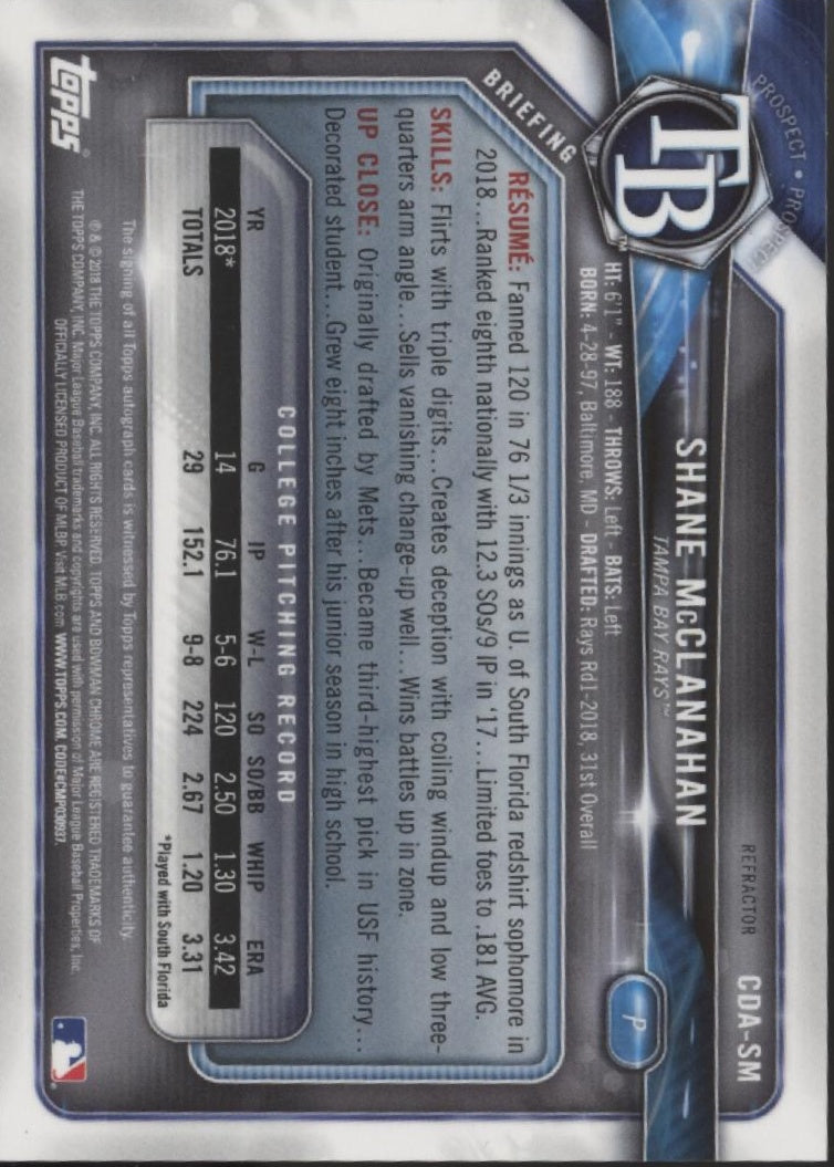 Shane McClanahan 2018 Bowman Chrome Prospects Refractor Auto 326/499 #CDA-SM