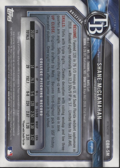 Shane McClanahan 2018 Bowman Chrome Prospects Refractor Auto 326/499 #CDA-SM