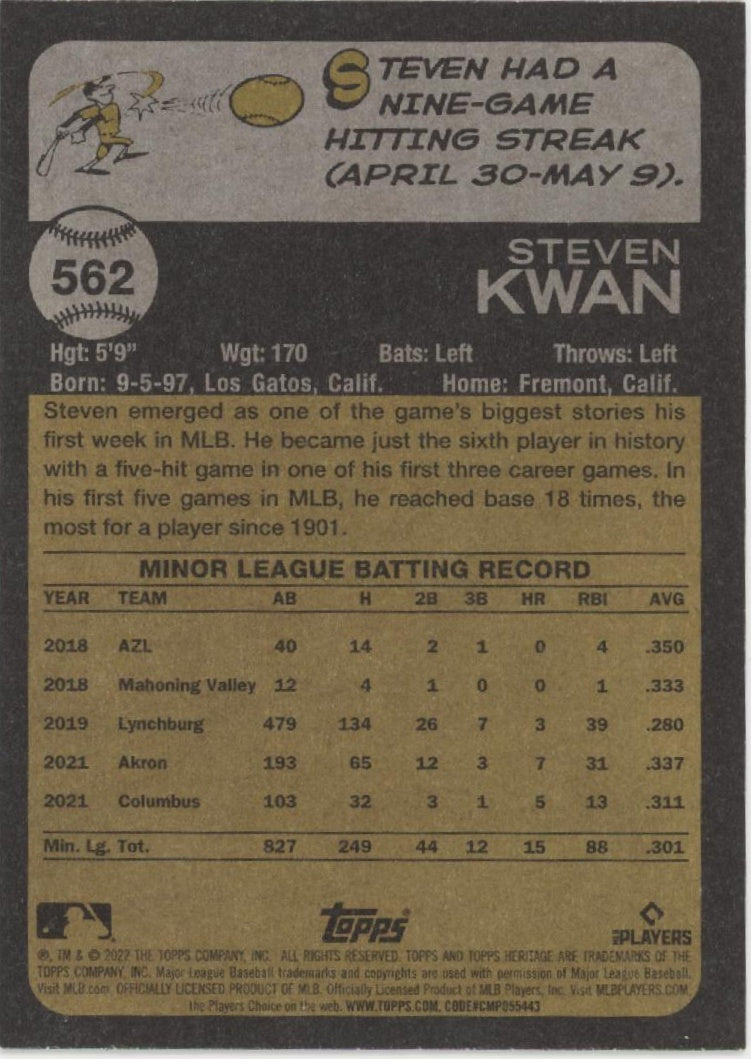 Steven Kwan 2022 Topps Heritage Black RC #562