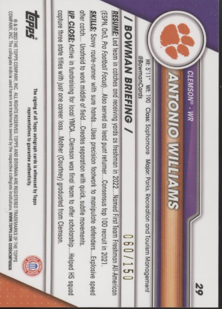Antonio Williams 2023 Chrome University Fuchsia Mini Diamond Refractor Auto /150