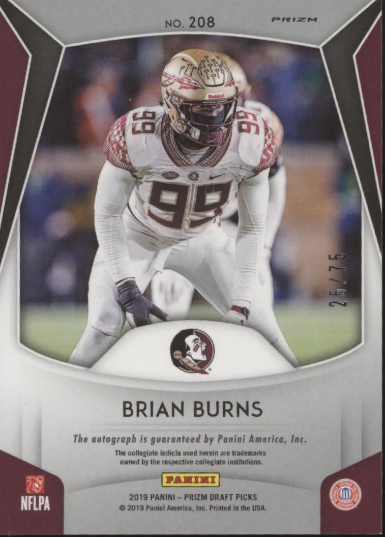Brian Burns 2019 Panini Prizm Draft Picks Hyper Prizm RC Auto 25/75 #208