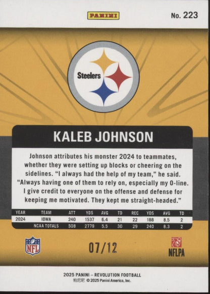 Kaleb Johnson 2025 Panini Revolution Green RC 07/12 #223