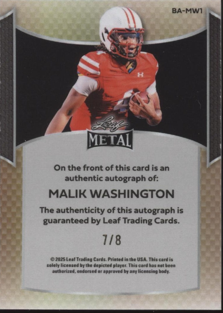 Malik Washington 2025 Leaf Metal Green Refractor Auto 7/8 #BA-MW1