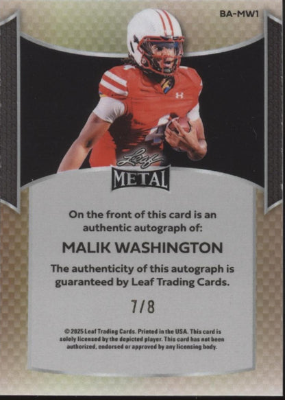 Malik Washington 2025 Leaf Metal Green Refractor Auto 7/8 #BA-MW1