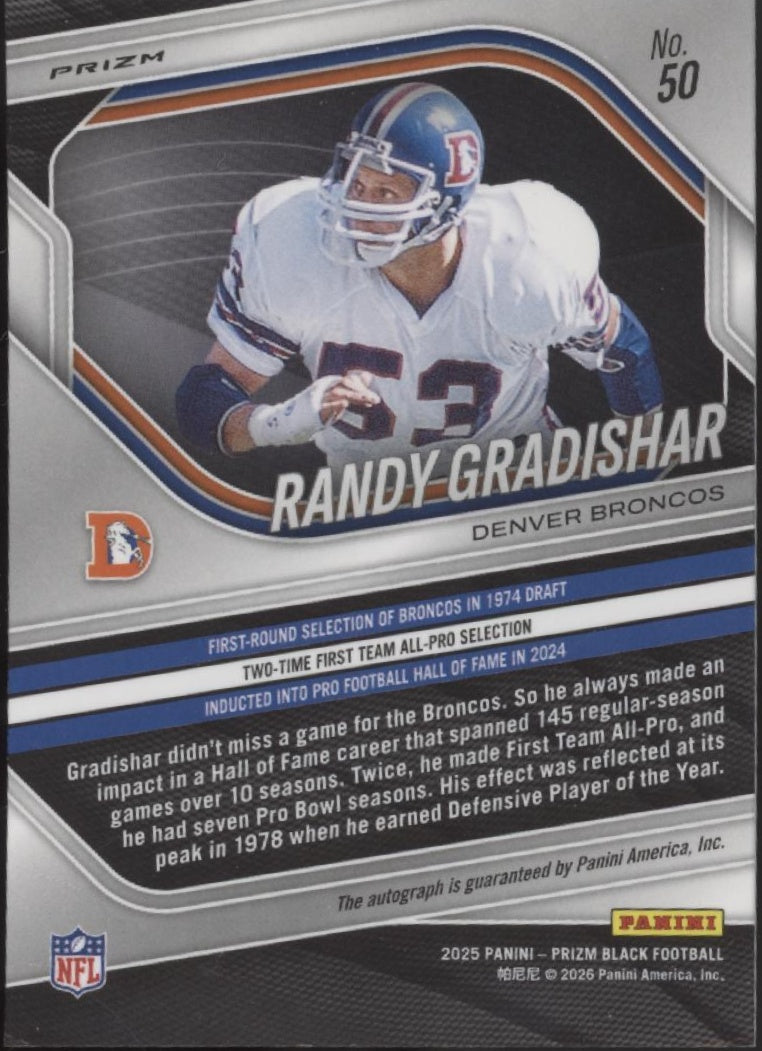 Randy Gradishar 2025 Panini Prizm Black Silver Prizm Auto #50
