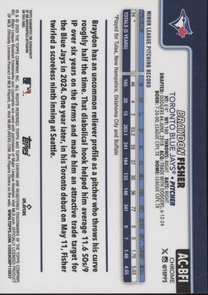Braydon Fisher 2025 Topps Chrome Blue Refractor RC Auto 147/150 #AC-BF1