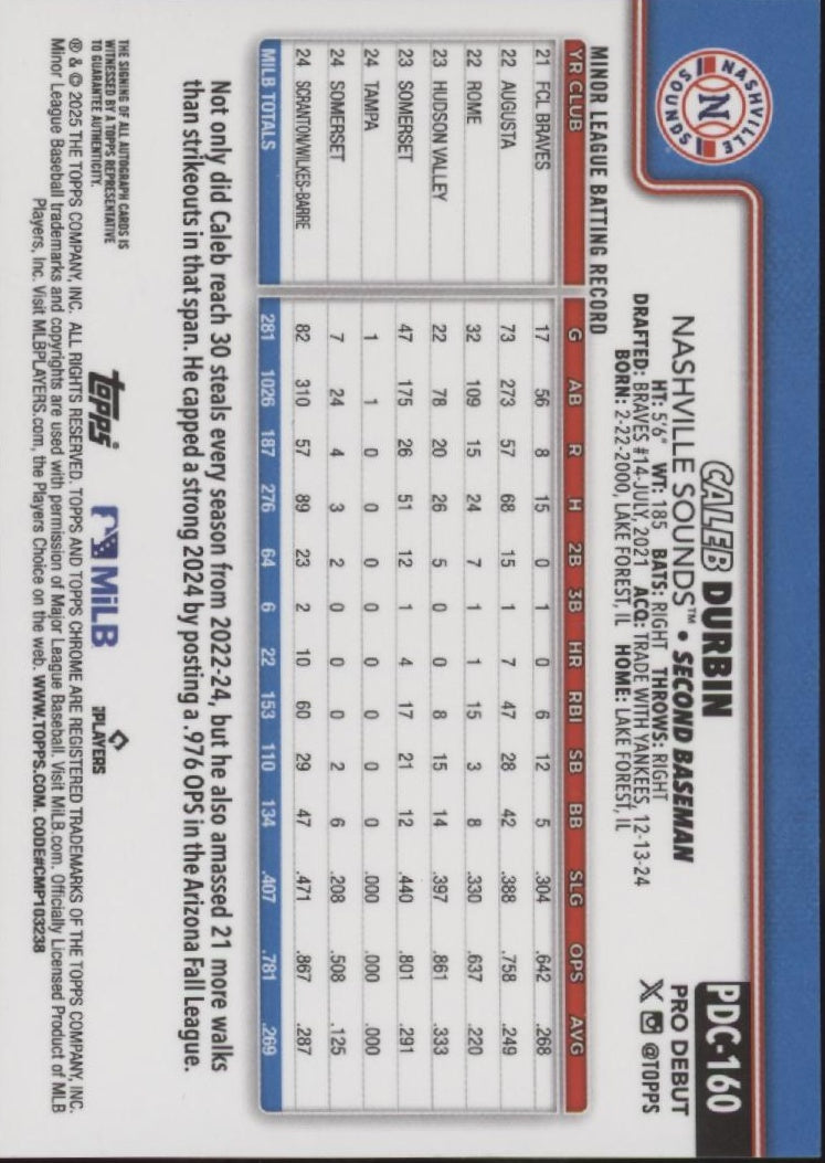 Caleb Durbin 2025 Topps Chrome Pro Debut Gold Refractor Auto 24/50 #PDC-160