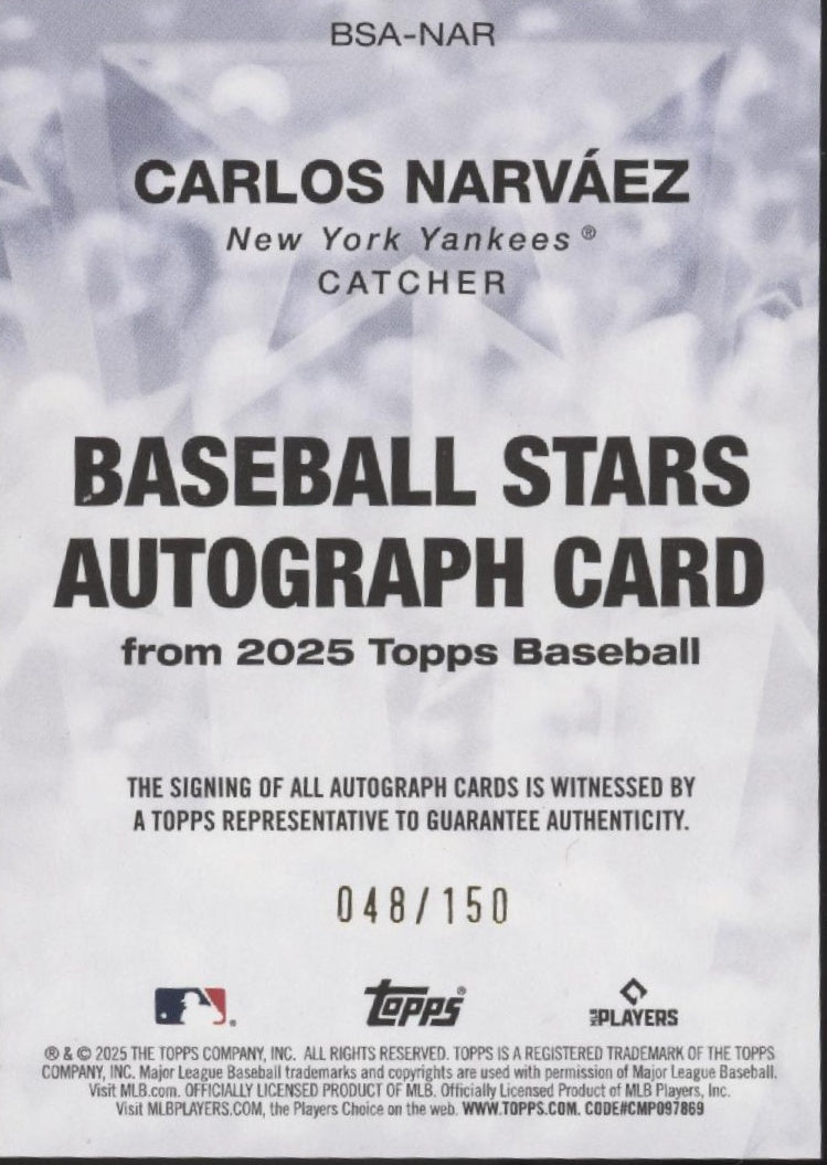 Carlos Narvaez 2025 Topps Stars Blue RC Auto 048/150 #BSA-NAR