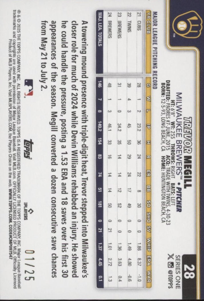 Trevor Megill 2025 Topps Series 1 Orange Diamante 01/25 #28