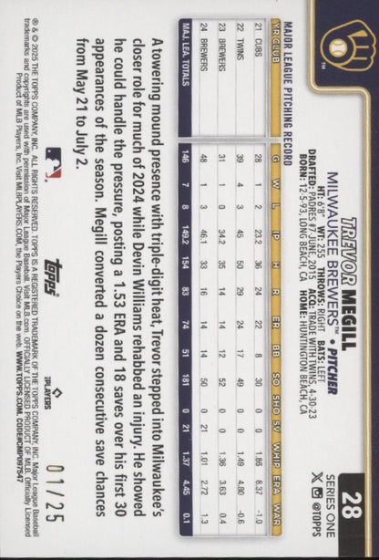 Trevor Megill 2025 Topps Series 1 Orange Diamante 01/25 #28