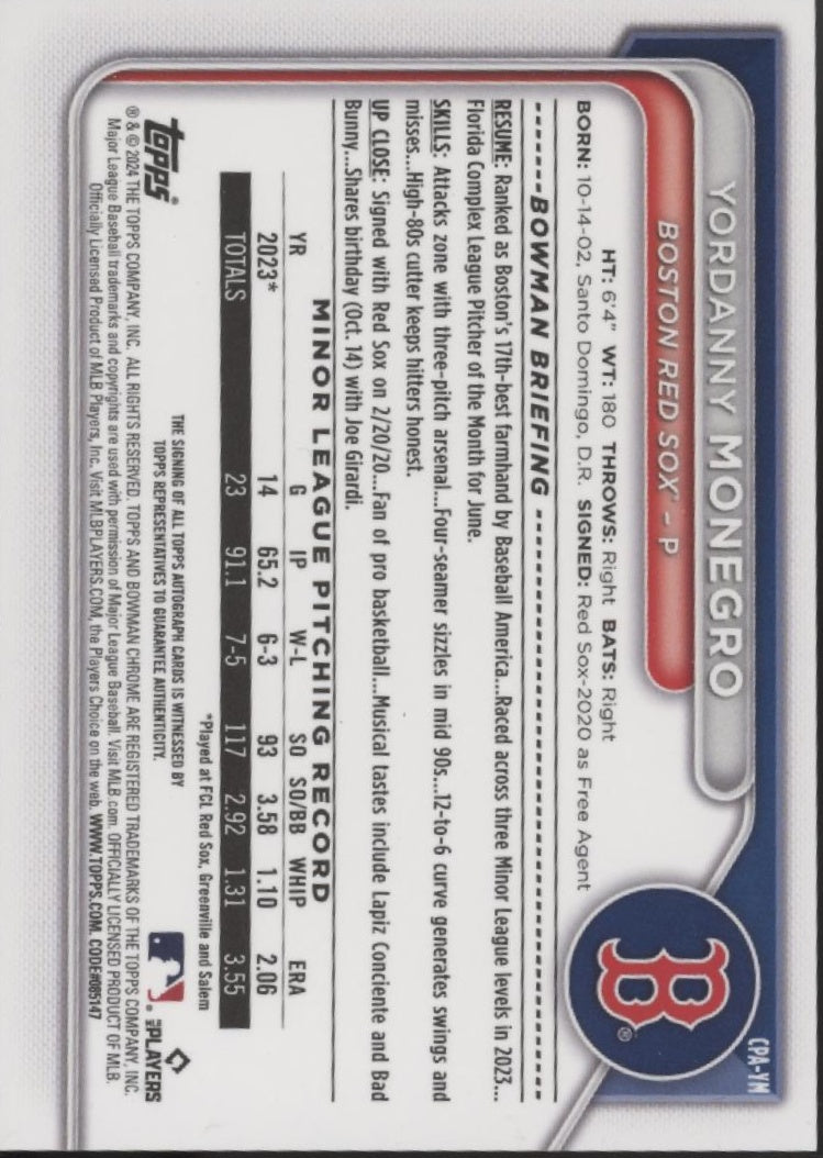 Yordanny Monegro 2024 Bowman Chrome Auto #CPA-YM