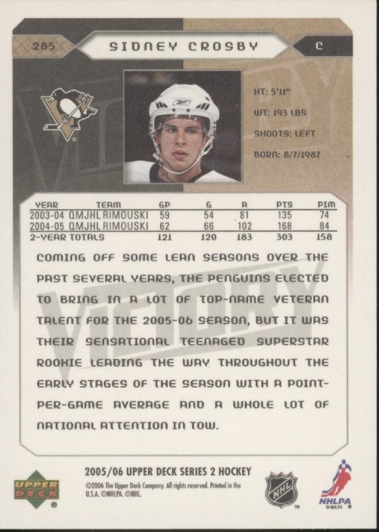Sidney Crosby 2005-06 Upper Deck Series 2 Victory RC #285