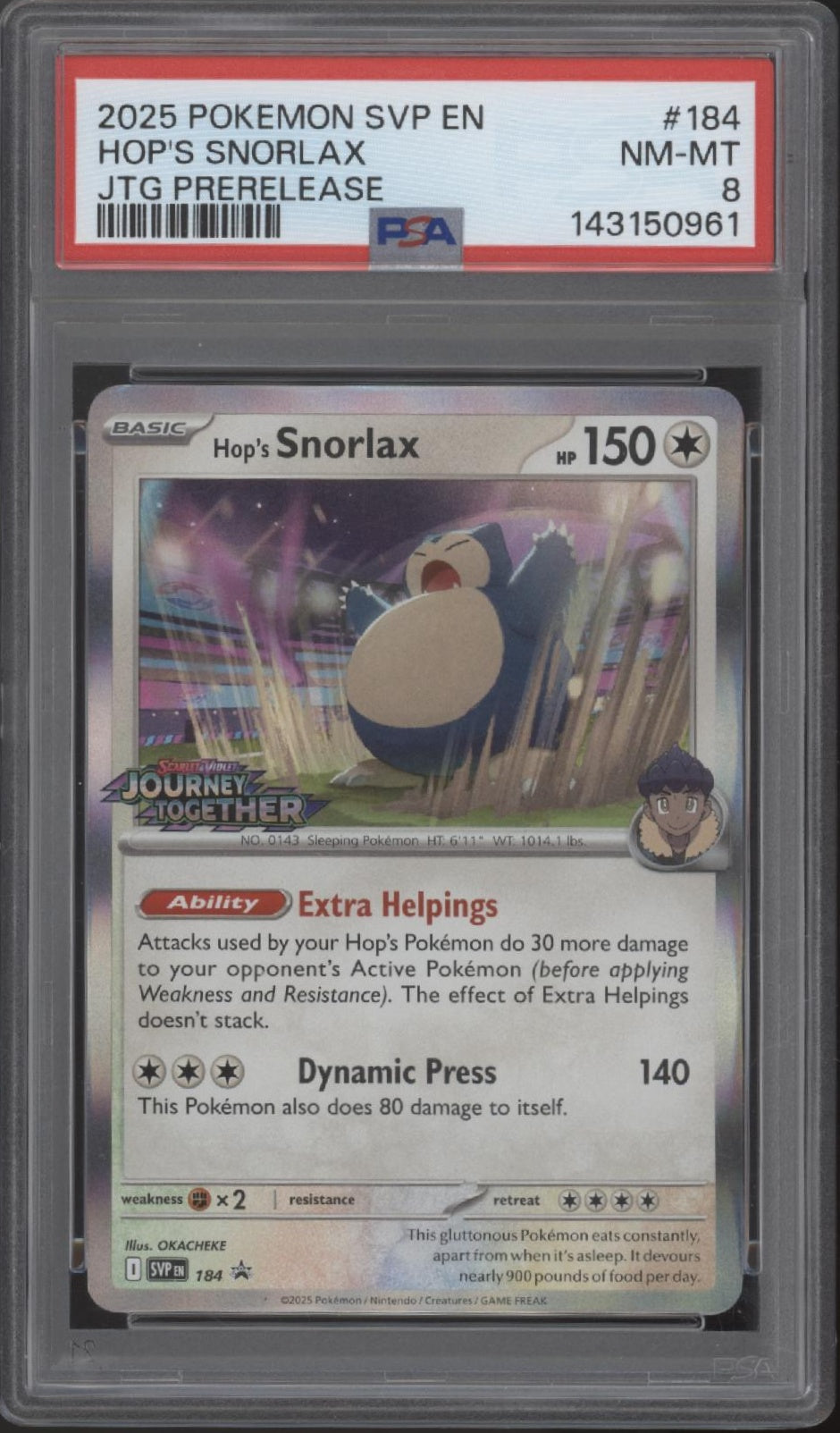 Hop's Snorlax Pokemon Journey Together Prerelease #184 PSA 8