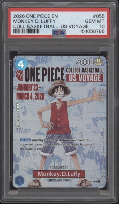 Monkey D Luffy One Piece Card Game College Basketball US Voyage #055 PSA 10