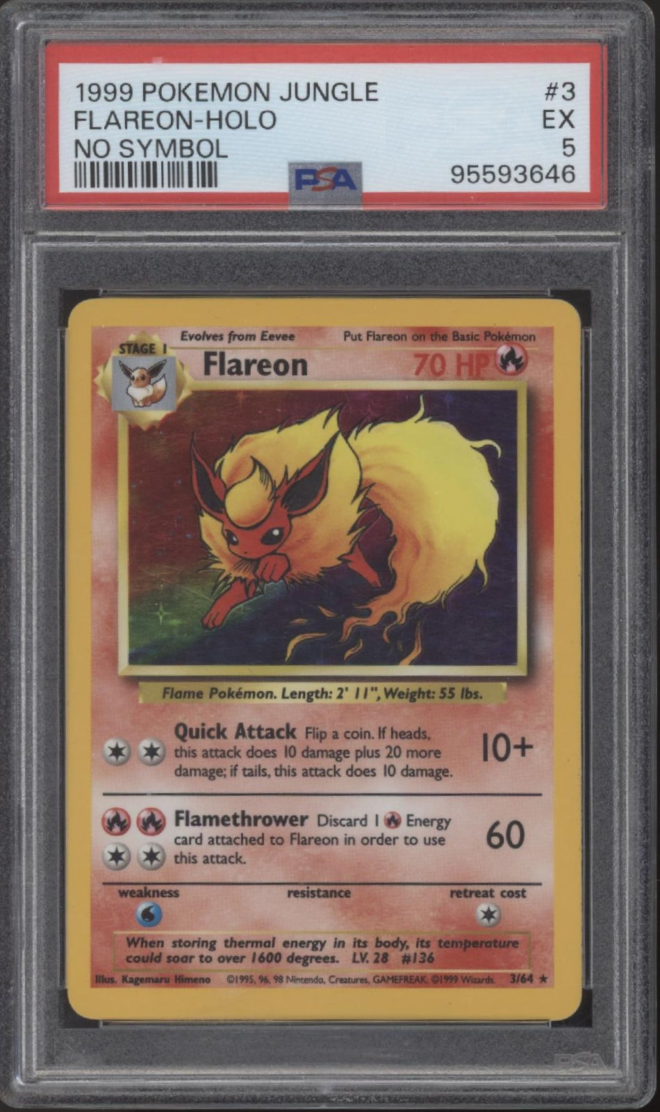 Flareon Pokemon Jungle Holo No Symbol Error #3 PSA 5