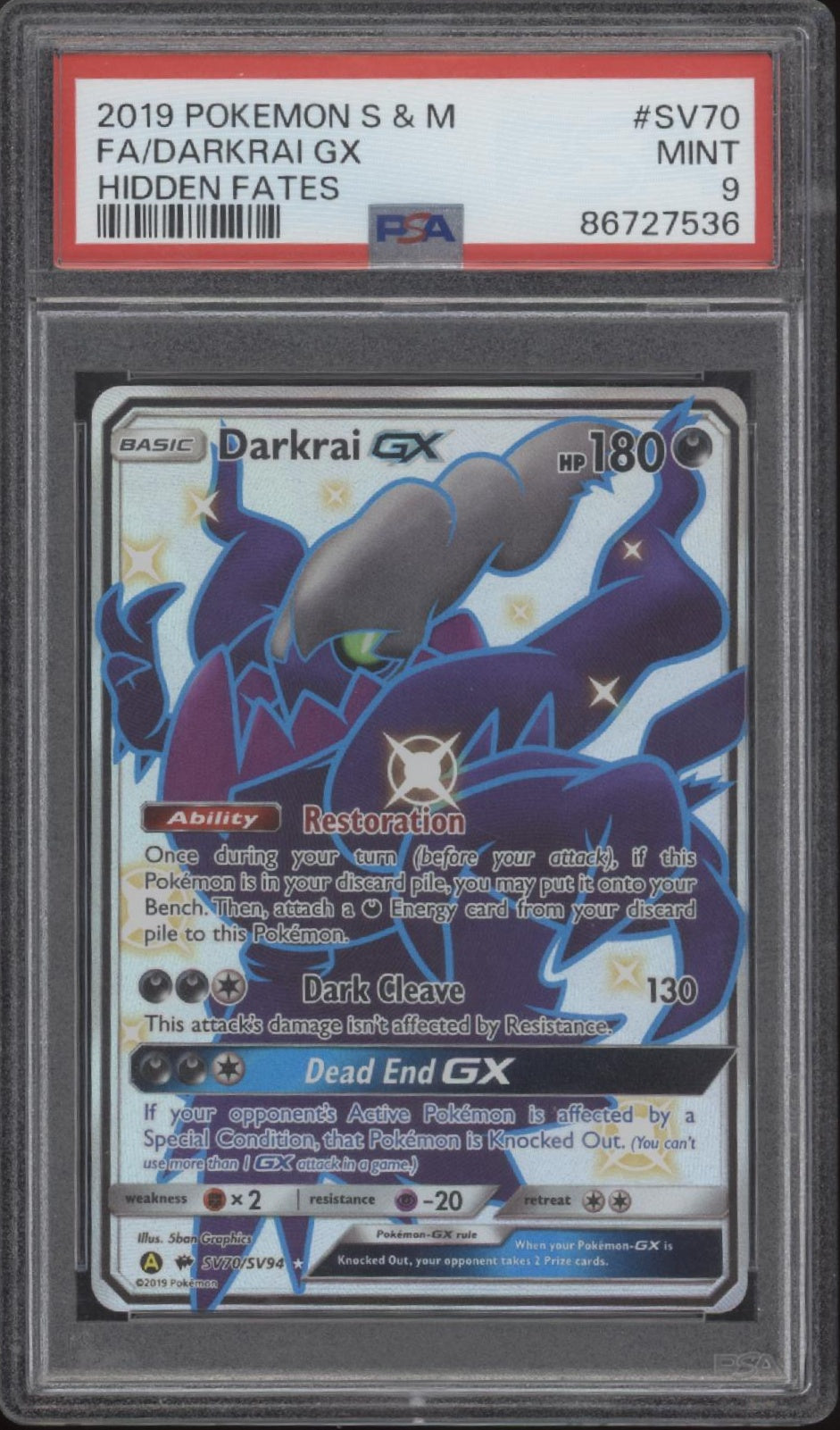 Darkrai GX Pokemon Hidden Fates Full Art #SV70 PSA 9 #1、Collector Store LLC Gaming、kayou