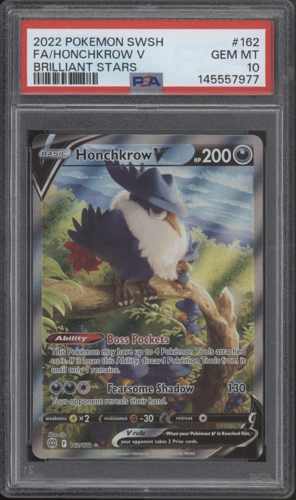 Honchkrow V Pokemon Brilliant Stars Full Art #162 PSA 10