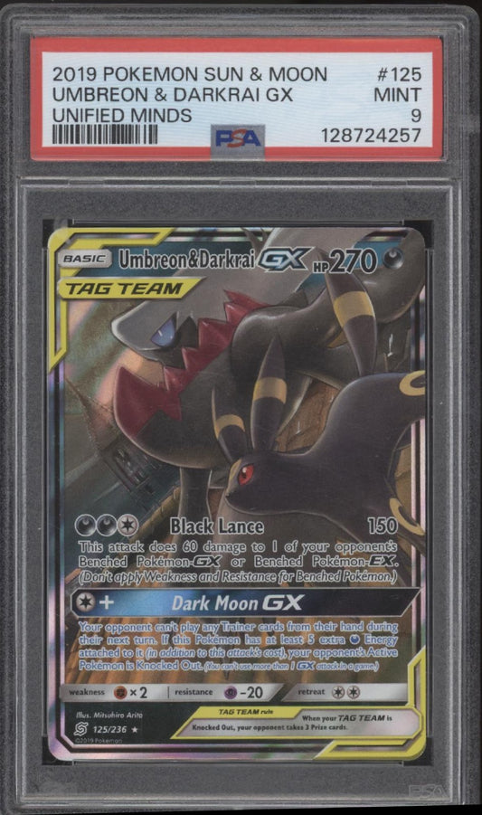 Umbreon & Darkrai GX Pokemon Unified Minds #125 PSA 9