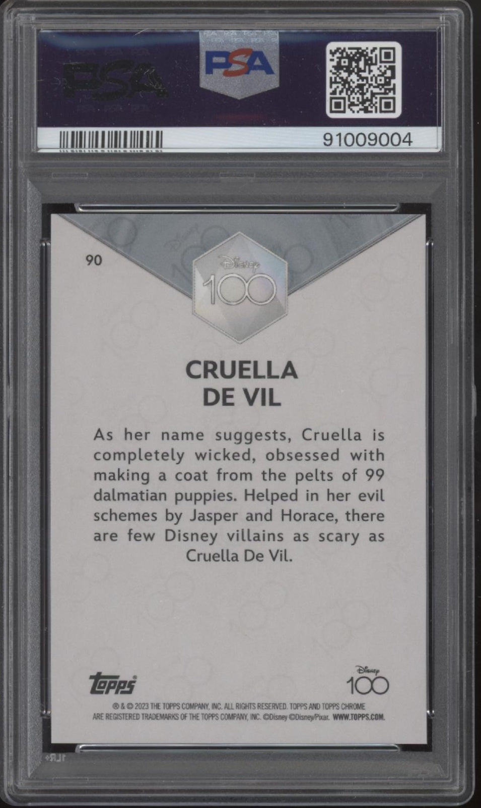 Cruella De Vil 2023 Topps Chrome Disney 100 Purple Refractor 202/299 #90 PSA 8