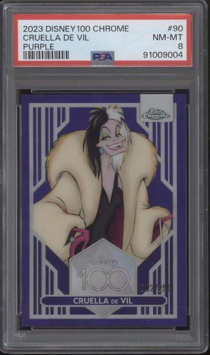 Cruella De Vil 2023 Topps Chrome Disney 100 Purple Refractor 202/299 #90 PSA 8